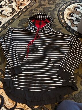 Maurices Black & White Striped Hoodie with Red Drawstring